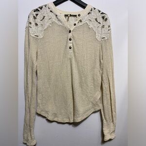 Free People Easy Breezy Henley Top Beige Lace Appliqué Knit Boho Small India